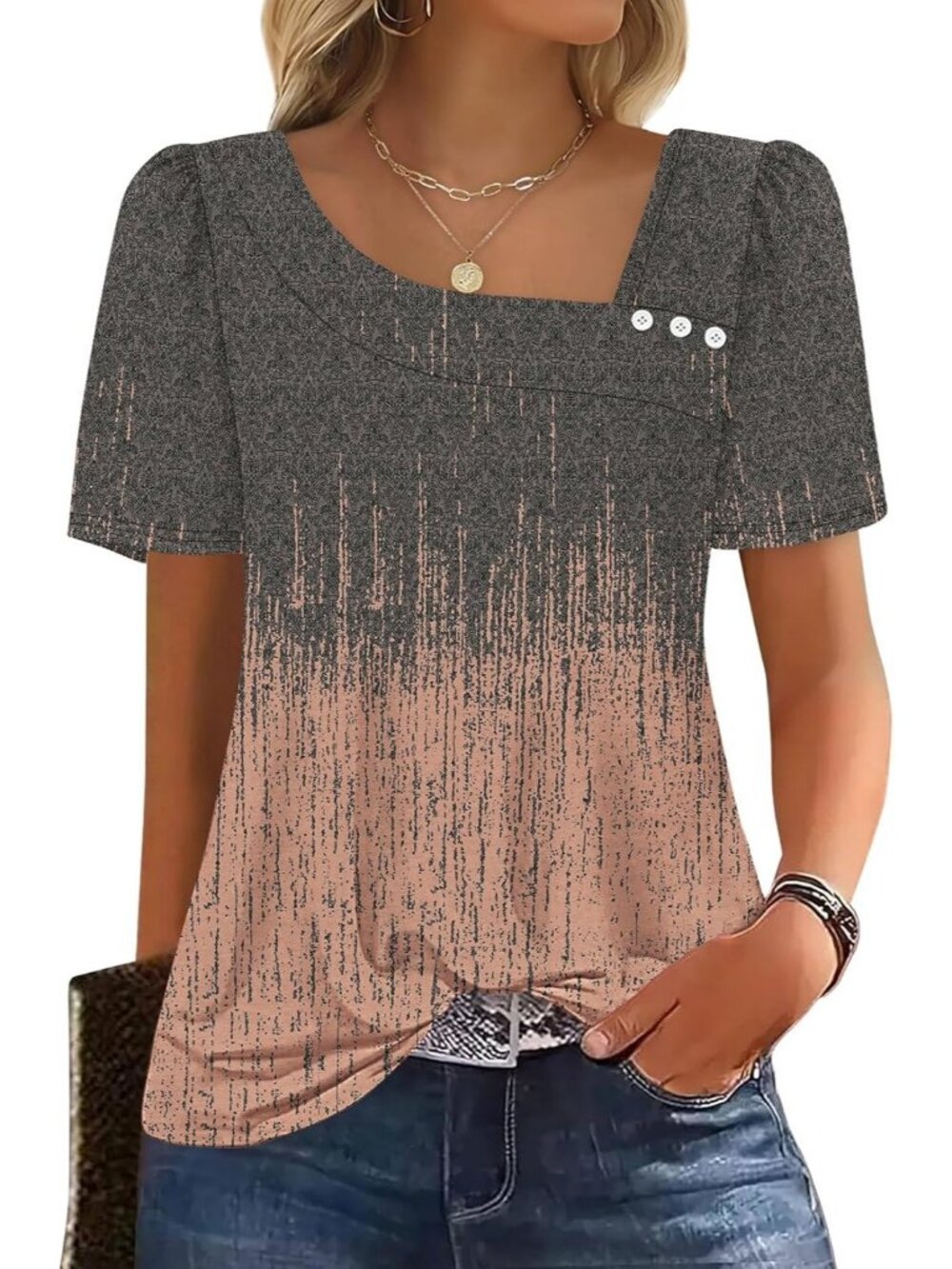 Women's Pattern1 Square Neck Blouse Summer Casual Short Sleeve Outfit Spring Top